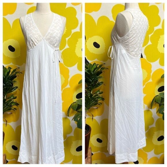 Dreamy Vintage 70s Semi Sheer Lace Back Wrap Tie Lingerie Slip Crepe Nightgown - Picture 1 of 11